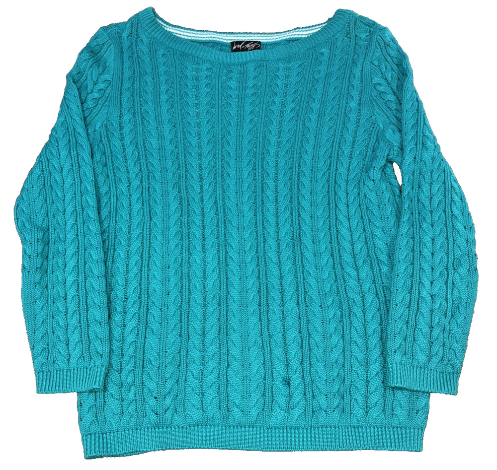 Lord & Taylor Turquoise Cotton Cable Knit Sweater S
